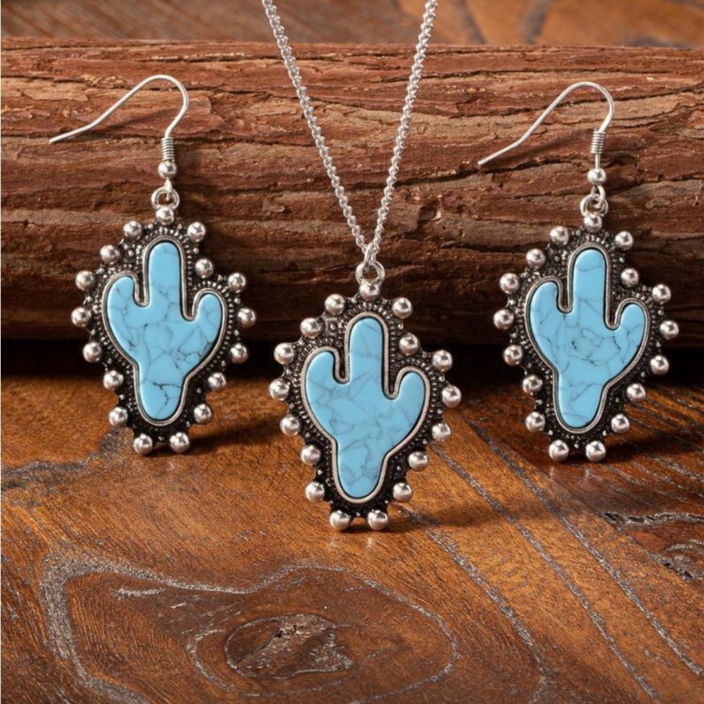 Western cactus Shape Pendant Necklace and Dangle Earring Set fake‎ Turquoise